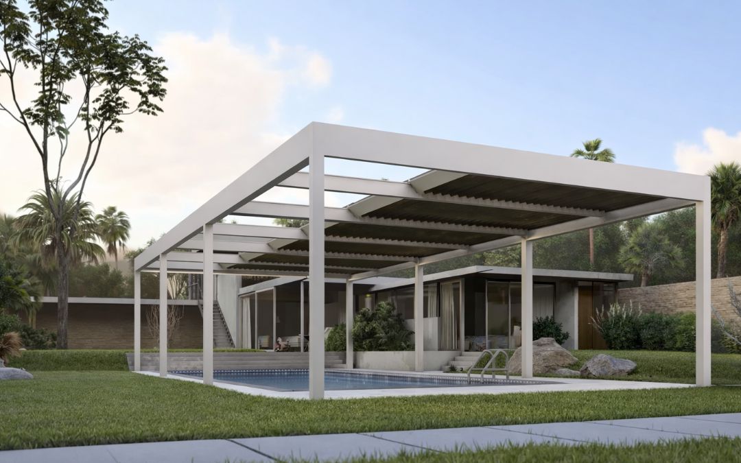Modern bioclimatic aluminium pergola with adjustable louvred roof installed on a contemporary terrace